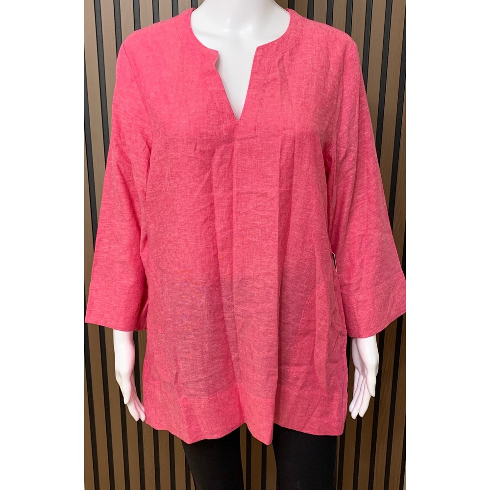 Lands End Pink Linen Blend Tunic Top Split Neck 3/4 Sleeve Women's M Classic